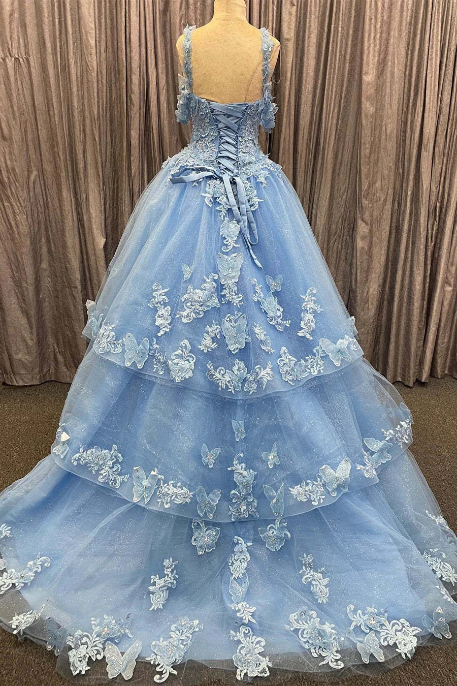 Blue Tulle Sweetheart Multi-Layer Ball Gown with 3D Floral Lace